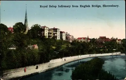 Ak Shrewsbury Shropshire England, Royal Salop Infirmary from English Bridge