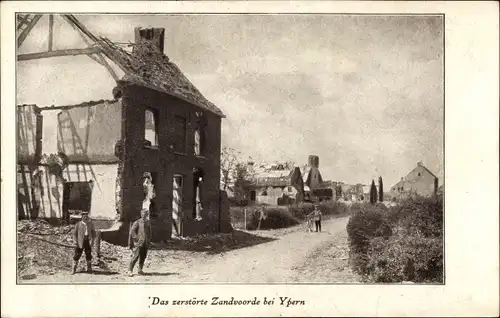 Ak Zandvoorde bei Ypres Ypern Flandern, zerstörte Häuser im Ort, Kriegszerstörung 1. WK