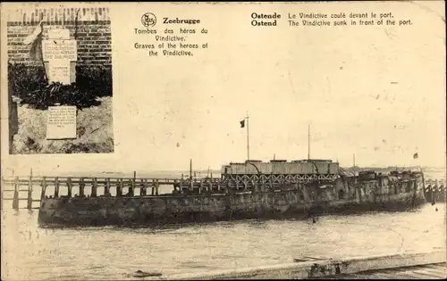 Ak Zeebrugge Westflandern, Tombes des heros du Vindictive, Ostende, Le Vindictive, Wrack