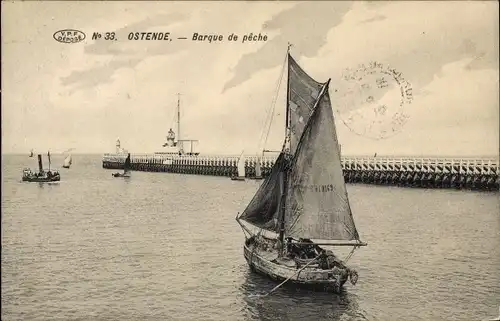 Ak Oostende Westflandern, Fischerboot mit Segeln, Kai