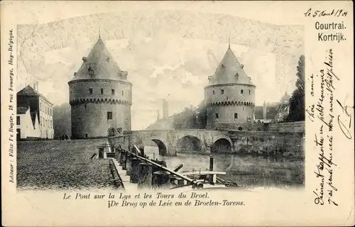 Ak Kortrijk Kortrijk Westflandern, Brücke über die Leie, Broeltürme