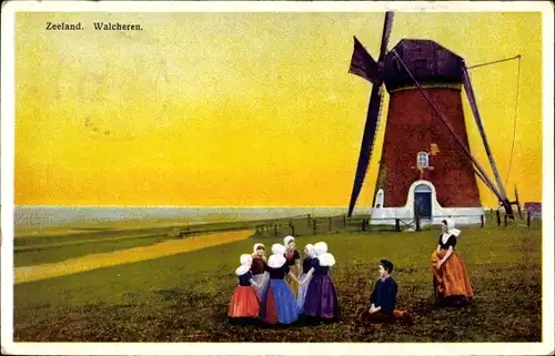 Ak Walcheren Zeeland, Windmühle, Tanzende Kinder