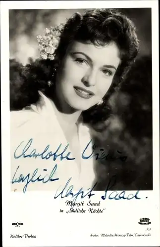 Ak Schauspielerin Margit Saad, Portrait, Film Südliche Nächte, Autogramm