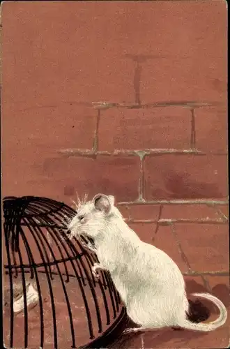 Präge Litho Weiße Maus, Mausefalle, Auf den Hinterpfoten
