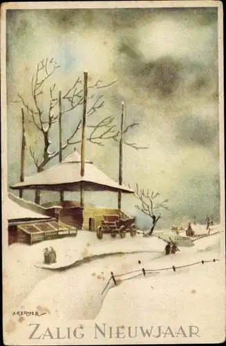 Künstler Ak Glückwunsch Neujahr, Winterlandschaft, Straße, Gebäude