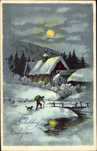 Ak Glückwunsch Neujahr, Winterlandschaft, Wassermühle