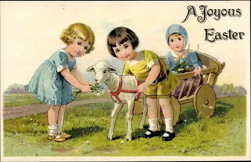 Ak Glückwunsch Ostern, Kinder mit Lamm, Wagen