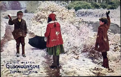Ak Glückwunsch Neujahr, Schneeballschlacht, Kinder, Winter