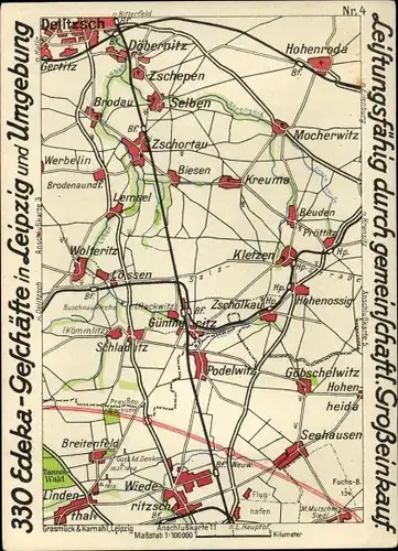 Landkarten Ak Leipzig in Sachsen, 330 Edeka-Geschäfte in der Stadt und Umgebung, Ortskarte