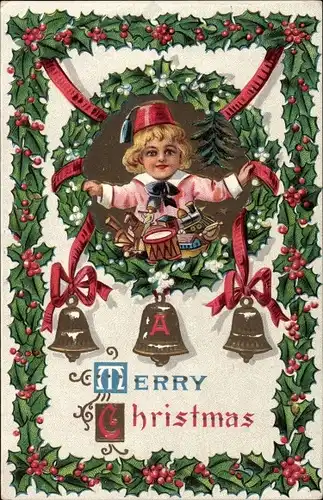 Präge Ak Glückwunsch Weihnachten, Kind, Spielzeuge, Stechpalme, Glocken