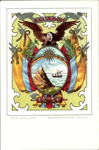 Wappen Litho Ecuador, Geier, Sonne, Regenboden, Fahnen, Fascis