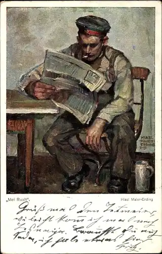 Künstler Ak Maler-Erding, H., Soldat liest eine Zeitung, Krug, Zigarette, Kaiserzeit