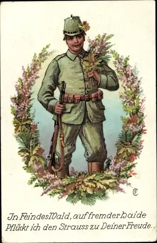 Künstler Ak Soldat in Uniform, Gewehr, In Feindes Wald, auf fremder Heide...