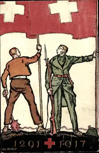 Ganzsachen Künstler Ak Valker, E., Schweiz, Soldaten mit schweizerischen Fahnen 1291-1917