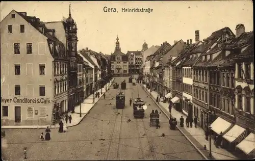 Ak Gera Thüringen, Heinrichstraße, Café Meyer, Straßenbahnen