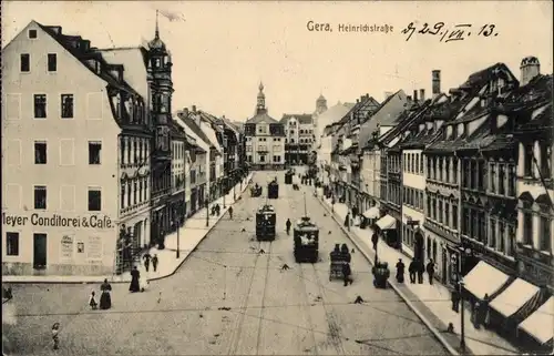 Ak Gera Thüringen, Heinrichstraße, Café Meyer, Straßenbahnen