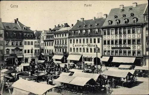 Ak Gera in Thüringen, Markt, Central Hotel, Geschäfte Arno Schmidt, Sternmehles, Apotheke