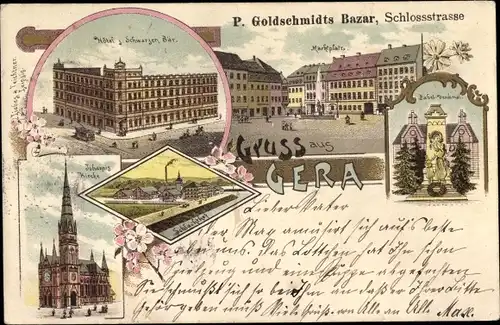 Litho Gera in Thüringen, Hotel zum schwarzen Bär, Marktplatz, Kirche, Schlachthof