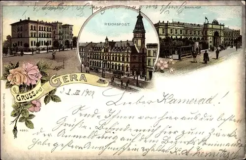 Litho Gera in Thüringen, Reichsbank, Reichspost, Bahnhof