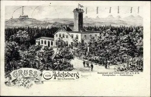 Ak Adelsberg Chemnitz in Sachsen, Restaurant, Passanten, Turm, Fahne