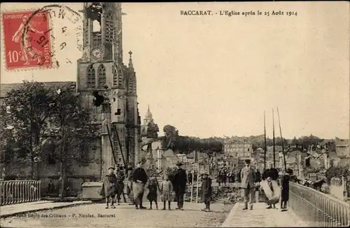 Ak Baccarat Meurthe et Moselle, beschädigte Kirche nach dem Krieg