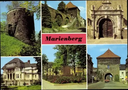 Ak Gebirge Marienberg im Erzgebirge Sachsen, Roter Turm, Heimatmuseum, Portal v. Rathaus, Tor