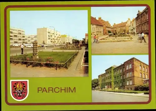 Ak Parchim in Mecklenburg, Weststadt, Wilhelm Pieck Platz, Goethe Oberschule, Wappen