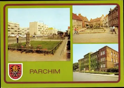 Ak Parchim in Mecklenburg, Weststadt, Wilhelm Pieck Platz, Goethe Oberschule, Wappen