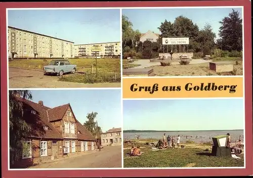 Ak Goldberg Kreis Lübz in Mecklenburg Vorpommern, Wohnsiedlung, HOG Keglerheim Schild, Strandpartie