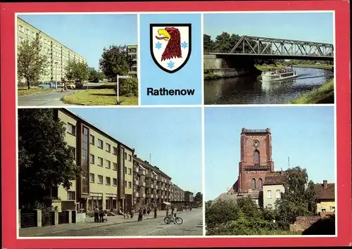 Ak Rathenow im Havelland, Hauptschleuse mit Brücke d. Friedens, Kirche, Wilhelm Pieck Straße