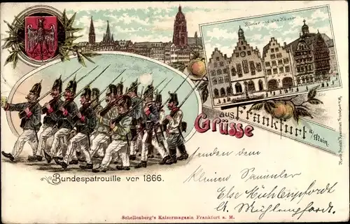 Wappen Litho Frankfurt am Main, Römer, alte Häuser, Bundespatrouille vor 1866