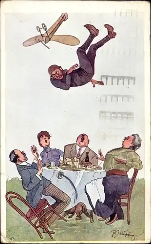 Künstler Ak Schönpflug, F., Pilot landet auf dem Tisch, Überraschung, Flugzeug