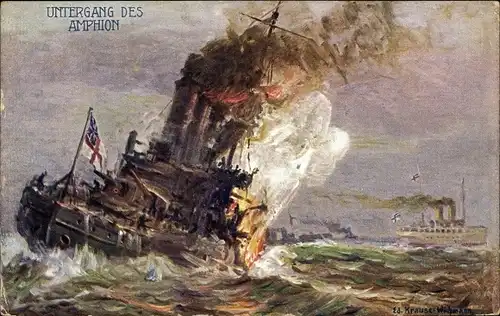 Künstler Ak Krause Wichmann, Untergang des HMS Amphion, Seebäderdampfer Königin Luise, HAPAG