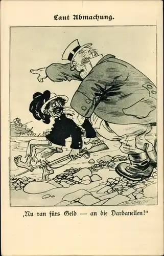 Ak Karikatur, Propaganda, Kladderadatsch Nr. 15, Laut Abmachung, Nu ran fürs Geld-an die Dardanellen
