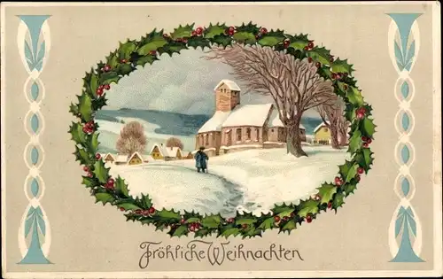Passepartout Ak Glückwunsch Weihnachten, Stechpalmenzweige, Kirche, Schnee