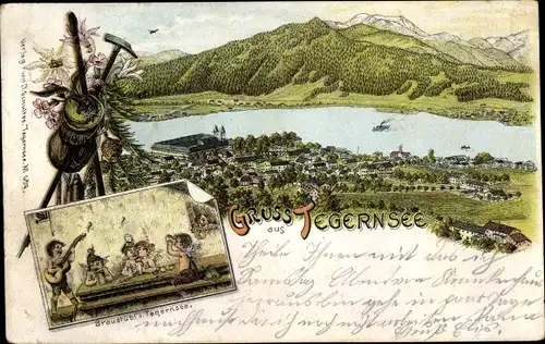 Litho Tegernsee in Oberbayern, Blick auf den Ort, Bräustüb'l