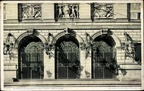 Ak Boston Massachusetts USA, Eingangsbögen, Boston Public Library