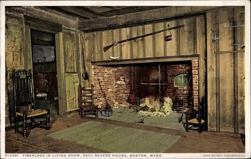 Ak Boston Massachusetts USA, Kamin im Wohnzimmer, Paul Revere House, Gewehr