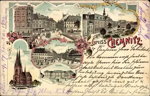 Litho Chemnitz in Sachsen, Kaserne, Markus-Kirche, Nicolaibrücke, Rathaus, Johannesplatz