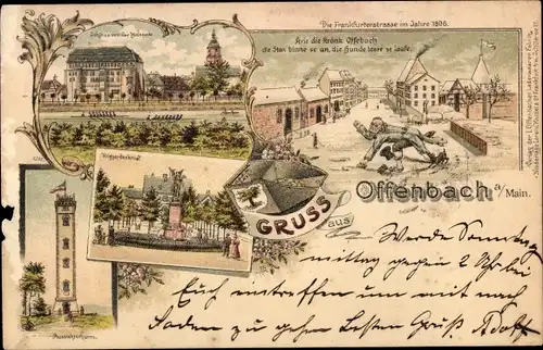 Litho Offenbach Main Hessen, Aussichtsturm, Kriegerdenkmal, Schloss, Frankfurterstraße im Jahre 1806