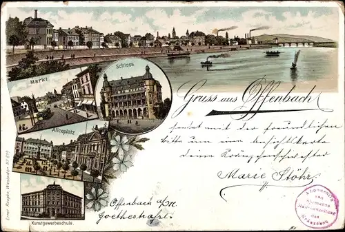 Litho Offenbach am Main Hessen, Markt, Schloss, Aliceplatz, Kunstgewerbeschule