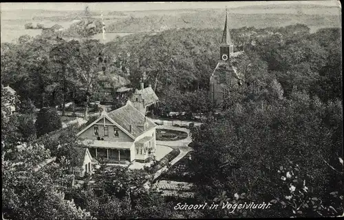 Ak Schoorl Nordholland Niederlande, Vogelschau, Kirche, Haus, Wald