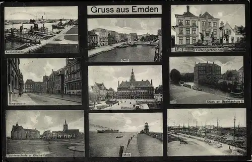 Ak Emden in Ostfriesland, Delft, Außenhafen, Rathaus, Mole, Kirche, Töchterschule