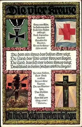 Ak Die vier Kreuze, Eisernes Kreuz, Rotes Kreuz, Soldatengrab, Kruzifix