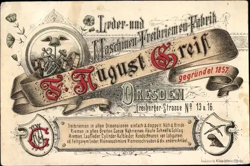 Ak Dresden, Leder- und Maschinen-Treibriemen-Fabrik F. August Greif, Freiberger Straße