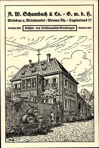 Künstler Litho Worms am Rhein, Geschäftshaus, Weinbau, Wein-Verkauf