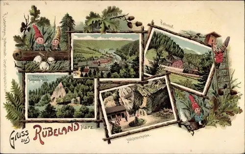 Litho Rübeland Oberharz am Brocken, Bahnhof, Zwerge, Totalansicht