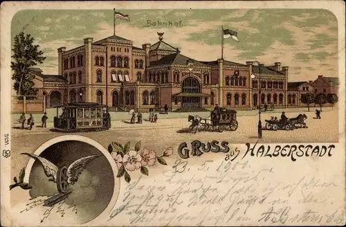 Litho Halberstadt im Harz, Bahnhof, Straßenansicht, Kutsche, Straßenbahn