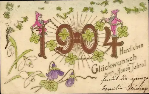 Präge Litho Glückwunsch Neujahr 1904, Blumen, Glücksklee