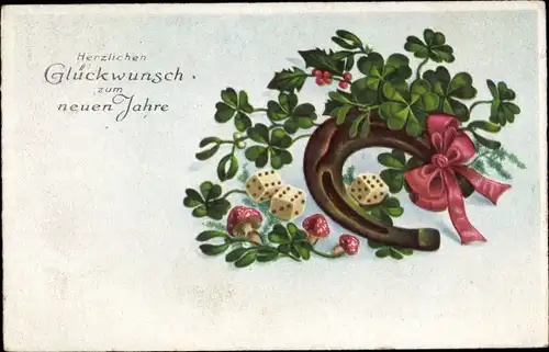 Ak Glückwunsch Neujahr, Hufeisen, Glücksklee, Pilze, Würfel, Schleife, Mistelzweige